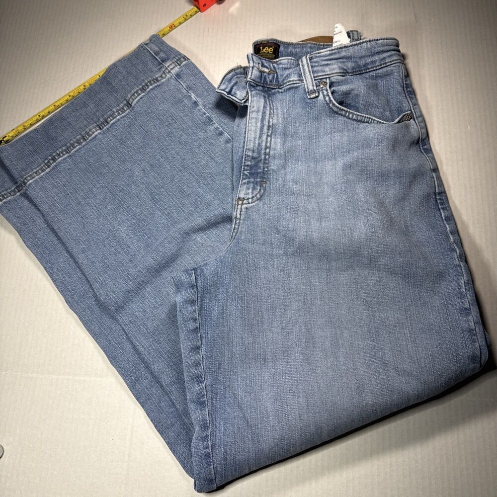 Vtg LEE Jeans Womens 14 Blue Wide Leg High Waisted Stretch Heavy
